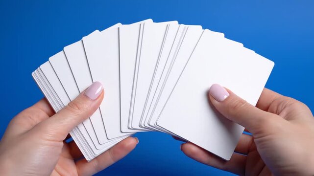 Hands holding blank cards against a bright blue background for design