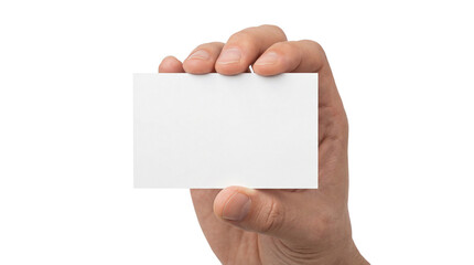 Obraz premium Hand holds a blank business card with no design or text in a simple display for potential use at an event or meeting, transparent background, isolate,