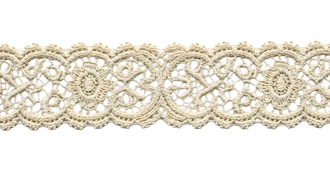 Beautiful beige crocheted lace trim with floral patterns isolated on white background transparent background