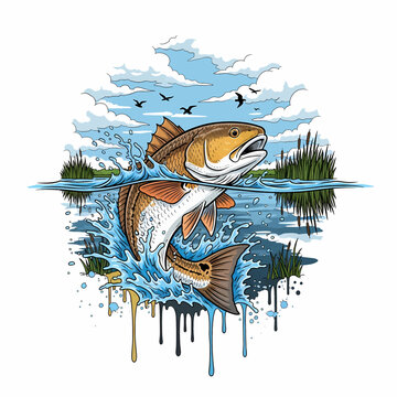 Redfish Red drum fish jumping out of water in a marsh landscape illustration