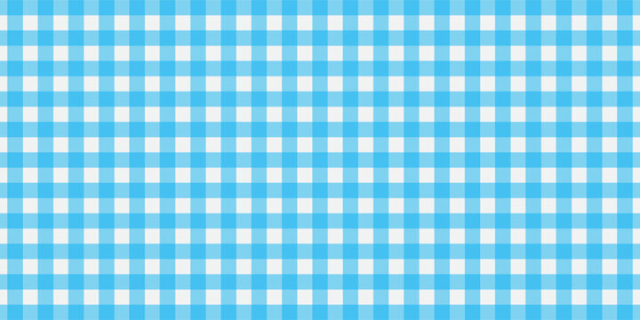 Blue and white gingham checkered pattern background, classic seamless table cloth texture, vector geometric plaid fabric design for kitchen, picnic, and fashion backdrop.