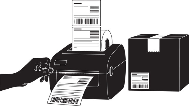 Hand pulling shipping label from printer next to boxes