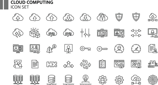 Cloud computing infrastructure outline icon set with storage synchronization encryption servers monitoring networking dashboard technology symbols