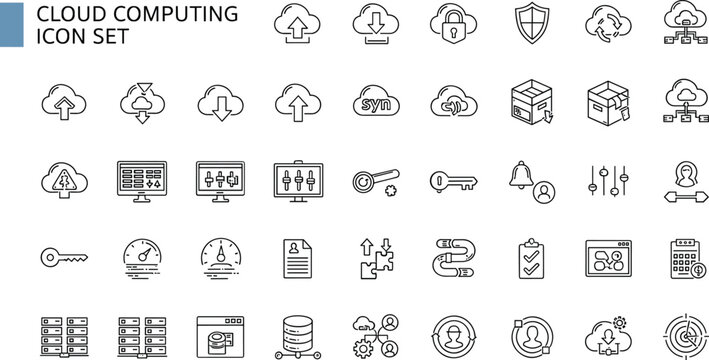 Cloud computing outline icon set with storage servers database synchronization encryption security networking infrastructure technology symbols