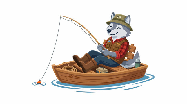 A cheerful anthropomorphic cartoon wolf character, wearing a fishing hat and vest, contentedly enjoys angling from a small wooden boat on tranquil water
