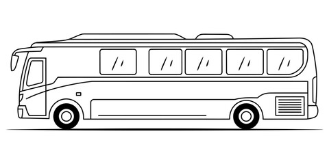 A simple black and white line drawing of a large passenger bus seen from a side profile view Vector, illustration © D-Stocker2026