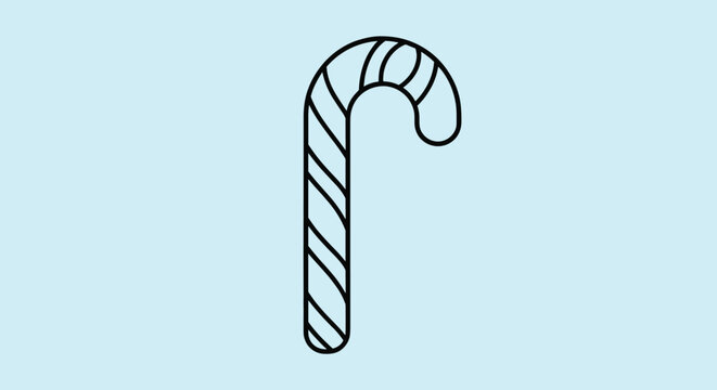 Simple black outline drawing of a candy cane with stripes isolated on a light blue background for Christmas coloring projects or holiday icons.
