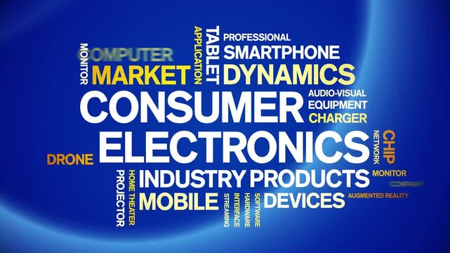 Consumer Electronics animated word cloud-gross domestic product animation tag kinetic typography seamless loop.