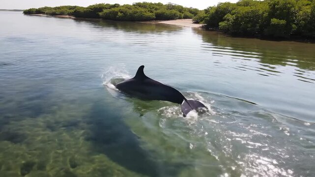 Irrawaddy dolphin leaps from tranquil river waters