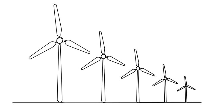 A simple line drawing showing five wind turbines arranged by size from largest to smallest here Vector, illustration