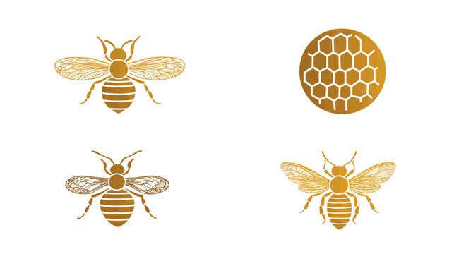 Four golden bee illustrations and a honeycomb icon on a white background in vector style