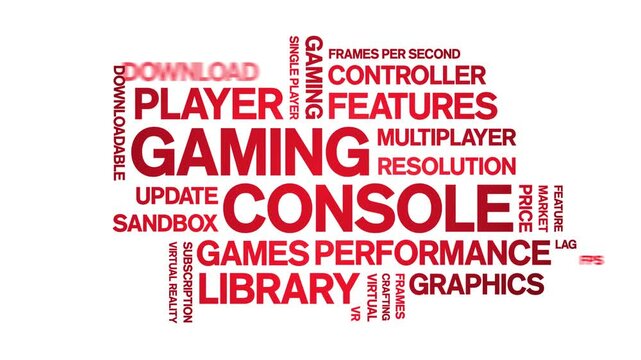 Gaming Console animated word cloud-gross domestic product animation tag kinetic typography seamless loop.