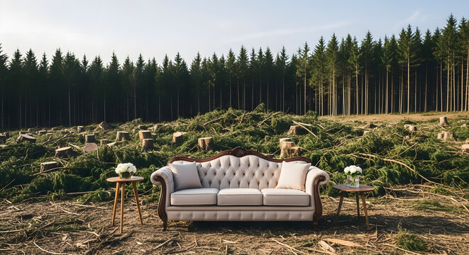 Elegant tufted sofa with decorative side tables set against a backdrop of a harvested forest with a line of trees in the distance