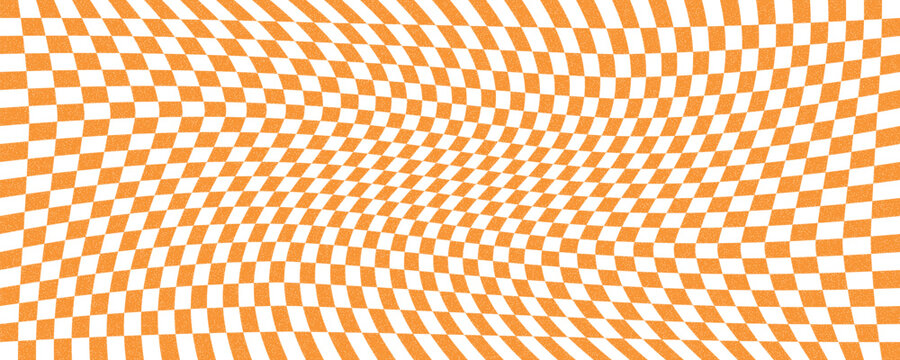 Psychedelic Orange and White Warped Checkerboard Background. Y2K Psychedelic Warped Orange Checkerboard
