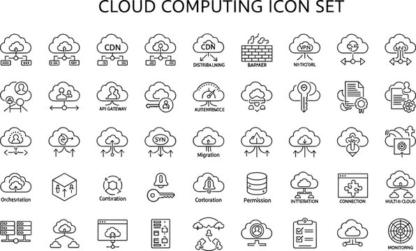 Cloud computing services outline icon set with CDN containers migration autoscaling monitoring integration infrastructure technology symbols