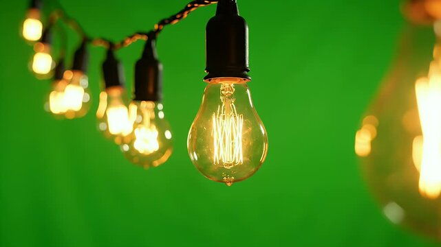 Glowing Edison bulbs on a string against a vibrant green backdrop