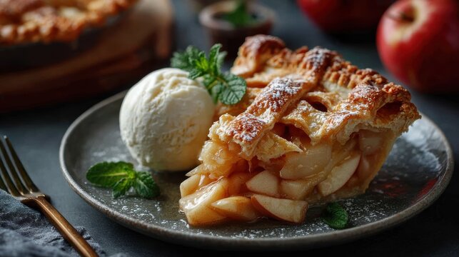 Apple pie slice with vanilla ice cream scoop and fresh mint leaves on ceramic plate served with fork on dark table