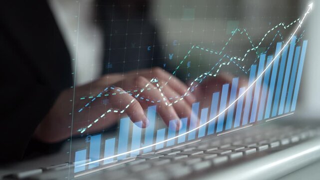 A business professional analyzes growth data and financial trends using graphs and charts on a laptop, emphasizing strategic planning for future investments. Copula