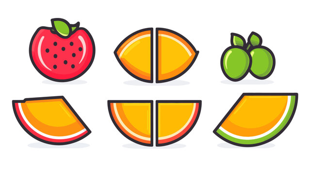 Cartoon illustration of fruits tomato, sliced orange, limes, melon slices on white