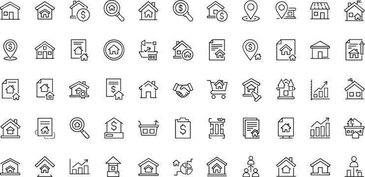 Real estate property line icons set featuring house location mortgage investment construction housing market navigation outline vector collection
