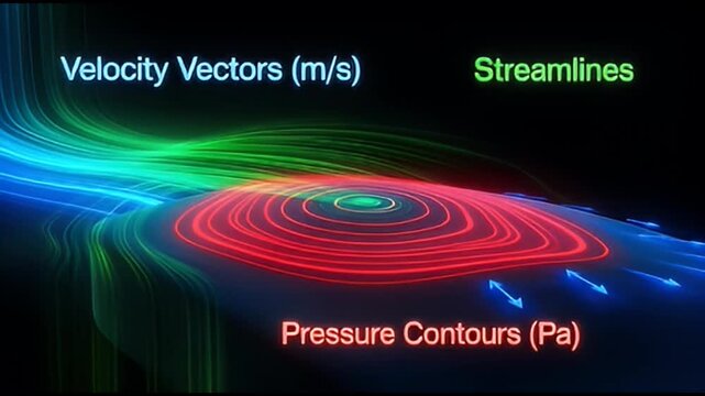 Computational fluid dynamics simulation with velocity vectors and pressure contours