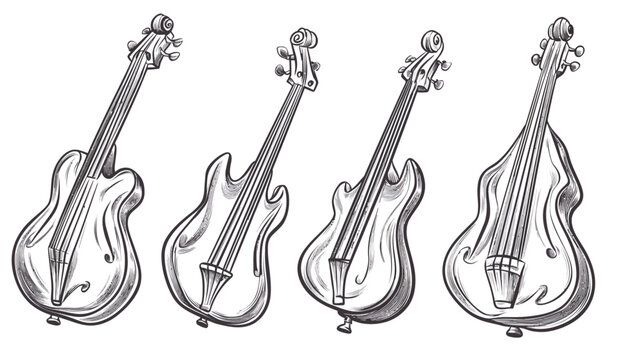 Four stylized, hand-drawn stringed musical instruments on a white background in black and grey