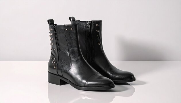 Polished black ankle boots rest in symmetry; zippers and buckles gleam, symbolizing craftsmanship, resilience, and the sleek balance of fashion and function.