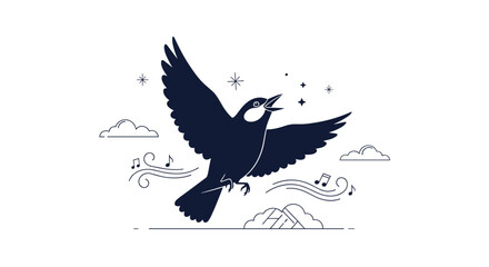 Fototapeta premium Elegant silhouette of a bird in flight singing a loud melody among clouds and musical notes under a starry sky.
