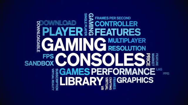 Gaming Consoles animated word cloud-gross domestic product animation tag kinetic typography seamless loop.