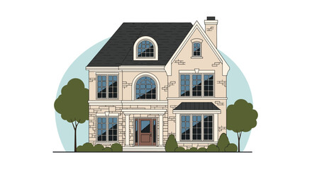 Fototapeta premium Grand two story stone house features multiple gables and arched windows surrounded by green trees in a classic residential setting.