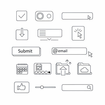 Collection of UI outline icons for web and app design including buttons, forms, and navigation elements.