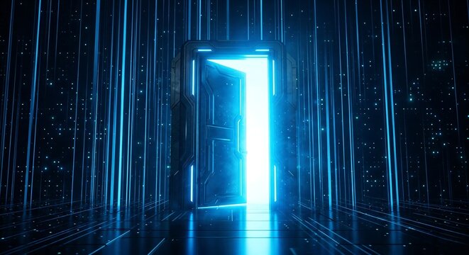 Opening the door to enter the world of technology There are connecting lines on the back. Referring to the use of technology to access information, learn, and find important information.  new
