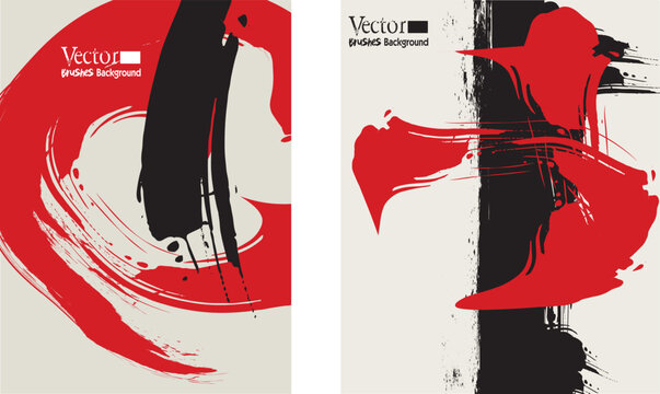 1b. set hand drawn brush strokes, Black red ink brush stroke on white background. Japanese style. Vector illustration of grunge wave stains.Vector brushes illustration.eps
