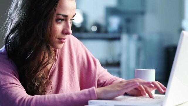 Woman, typing and journalist with laptop in home for online report, story or hybrid job. Female person, freelancer or remote work on computer for journalism, network connection or article in house