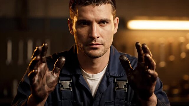 Portrait of a hardworking man with dirty hands in an industrial setting