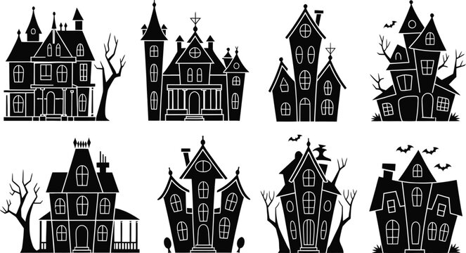 Halloween haunted house silhouette vector collection, spooky gothic mansion icon