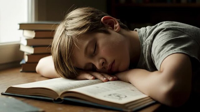Tired young boy asleep on open book after long study session