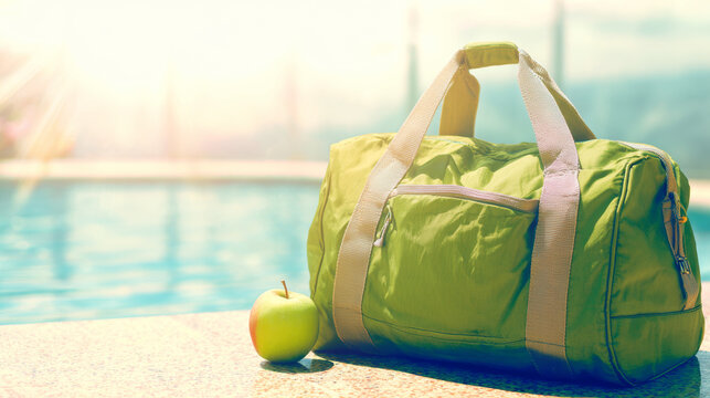 Green travel duffel bag and a crisp green apple sitting beside a sparkling swimming pool, representing healthy summer leisure