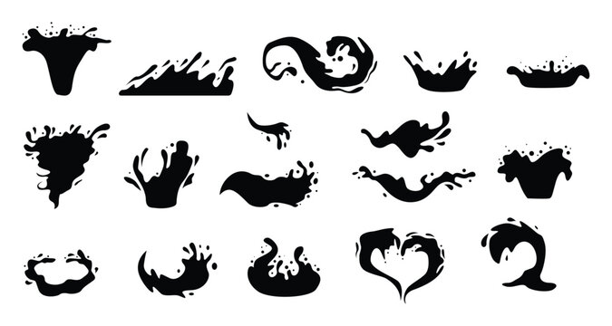 Splash milk and water splatters, glossy puddle paint shape, splash curves with creamy milk texture and calm water puddle feel.