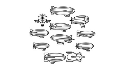 Airship and Blimp Outline Icon Collection Thin Line Aviation Symbols Black and White Vector Set Isolated on White © Sabbir