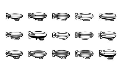 Airship and Blimp Black and White Icon Set Minimal Aviation Transportation Vector Silhouettes Isolated on White © Sabbir