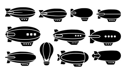Black and White Airship Blimp Glyph Icons Bold Aviation Transportation Symbol Set Vector Isolated on White © Sabbir