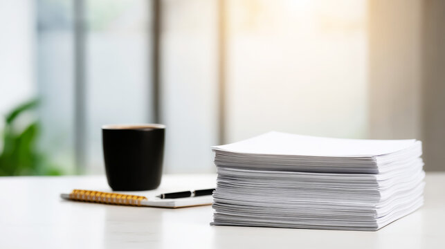 Stack of white papers, black coffee mug, spiral notebook, and pen on a clean white desk, for business concepts