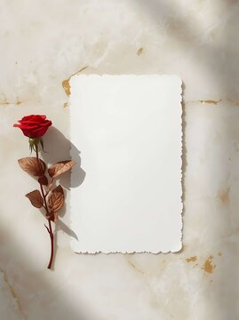 Blank vertical invitation card mockup with deckled edges on stone background with dried flower