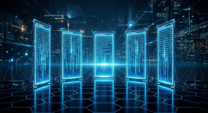 Technology background digital screen with running code and data streams, representing software development, programming, coding process, system engineering, and modern digital technology innovation ai