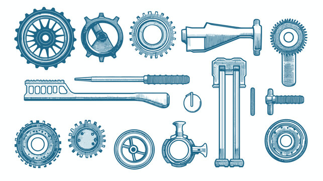 Hand-drawn-style illustration of a collection of blue-toned gears and mechanical parts