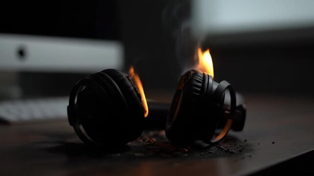 Headphones on fire with smoke, symbolizing technology failure and destruction