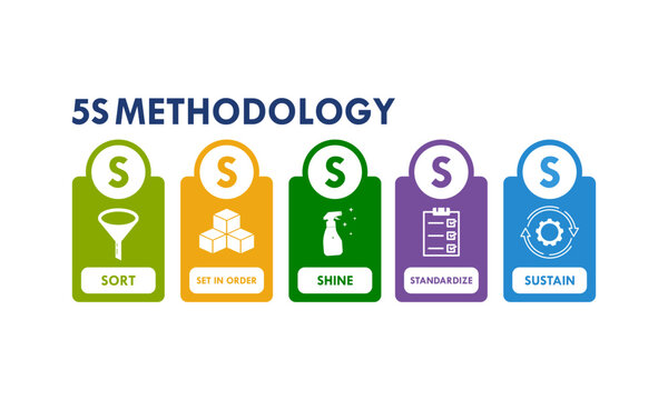 5S methodology infographic set featuring sort, set in order, shine, standardize, and sustain icons. Professional business management system for workplace organization and efficiency.