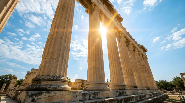 Ancient Greek temple columns with sunlight