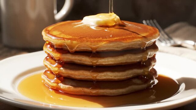 Stack of fresh pancakes with butter and syrup dripping down